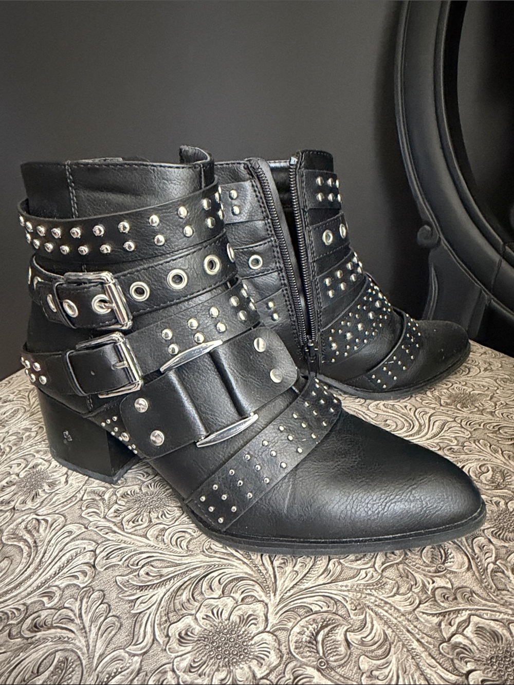 Fergalicious Black Studded Ankle Boots with Buckle Straps